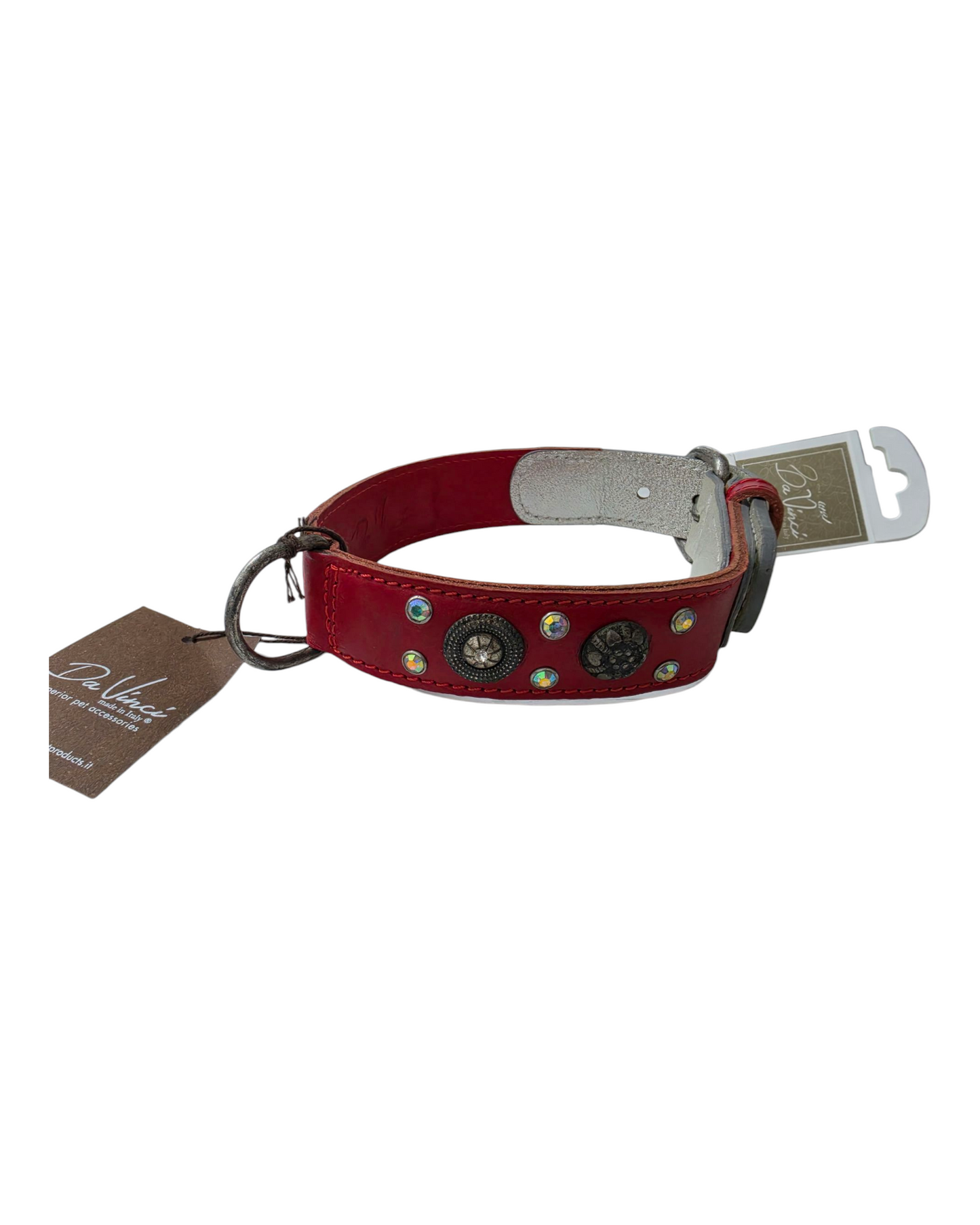 COLLARE IN CUOIO BORCHIATO CON STRASS - ROSSO - 3*50 CM