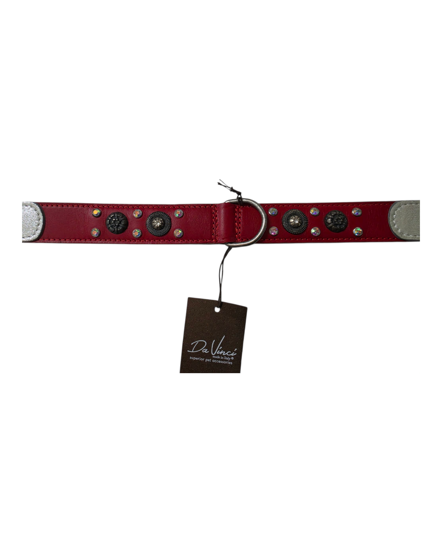 COLLARE IN CUOIO BORCHIATO CON STRASS - ROSSO - 3*50 CM