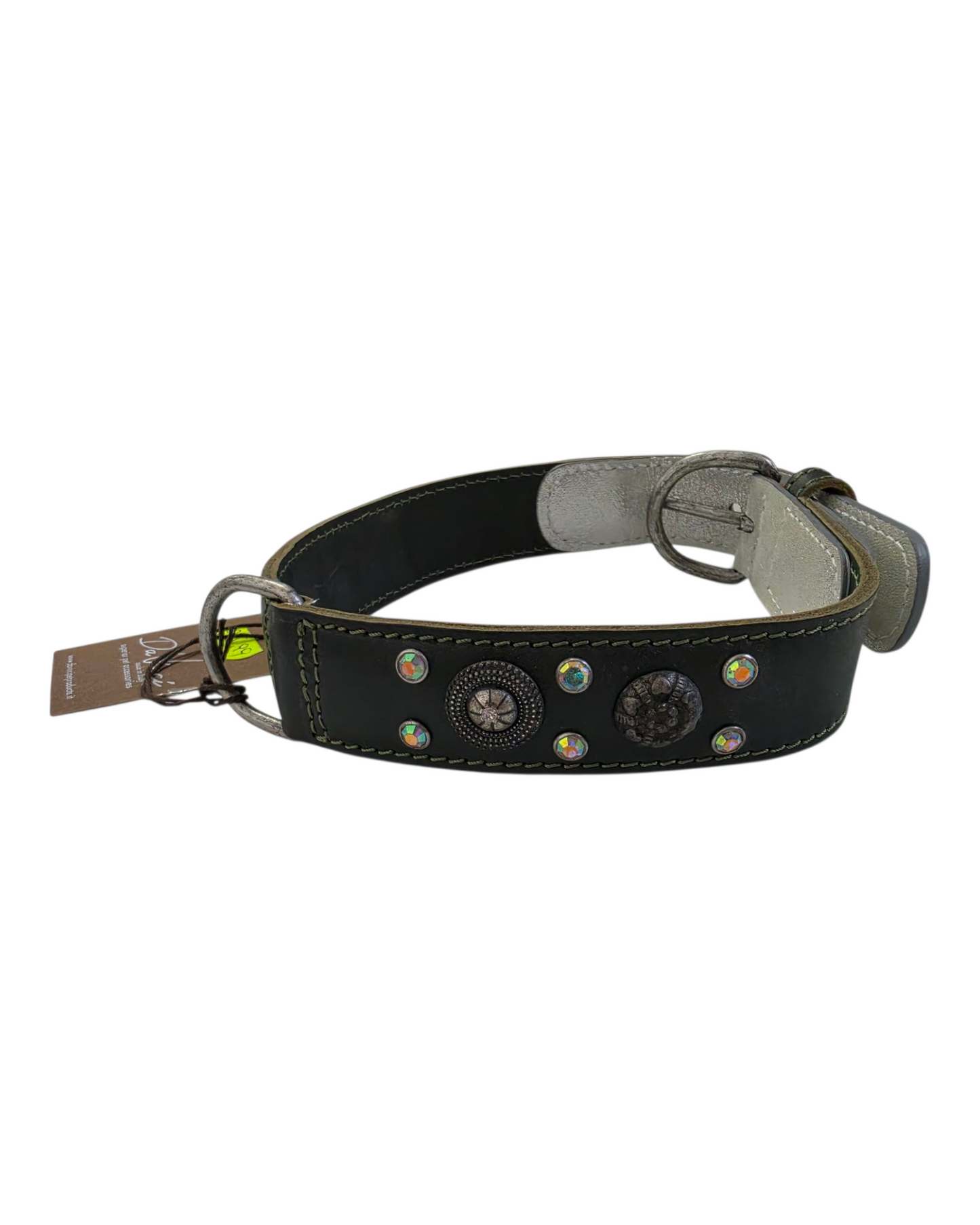 COLLARE IN CUOIO BORCHIATO CON STRASS - VERDE