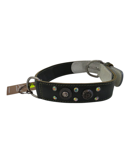 COLLARE IN CUOIO BORCHIATO CON STRASS - VERDE