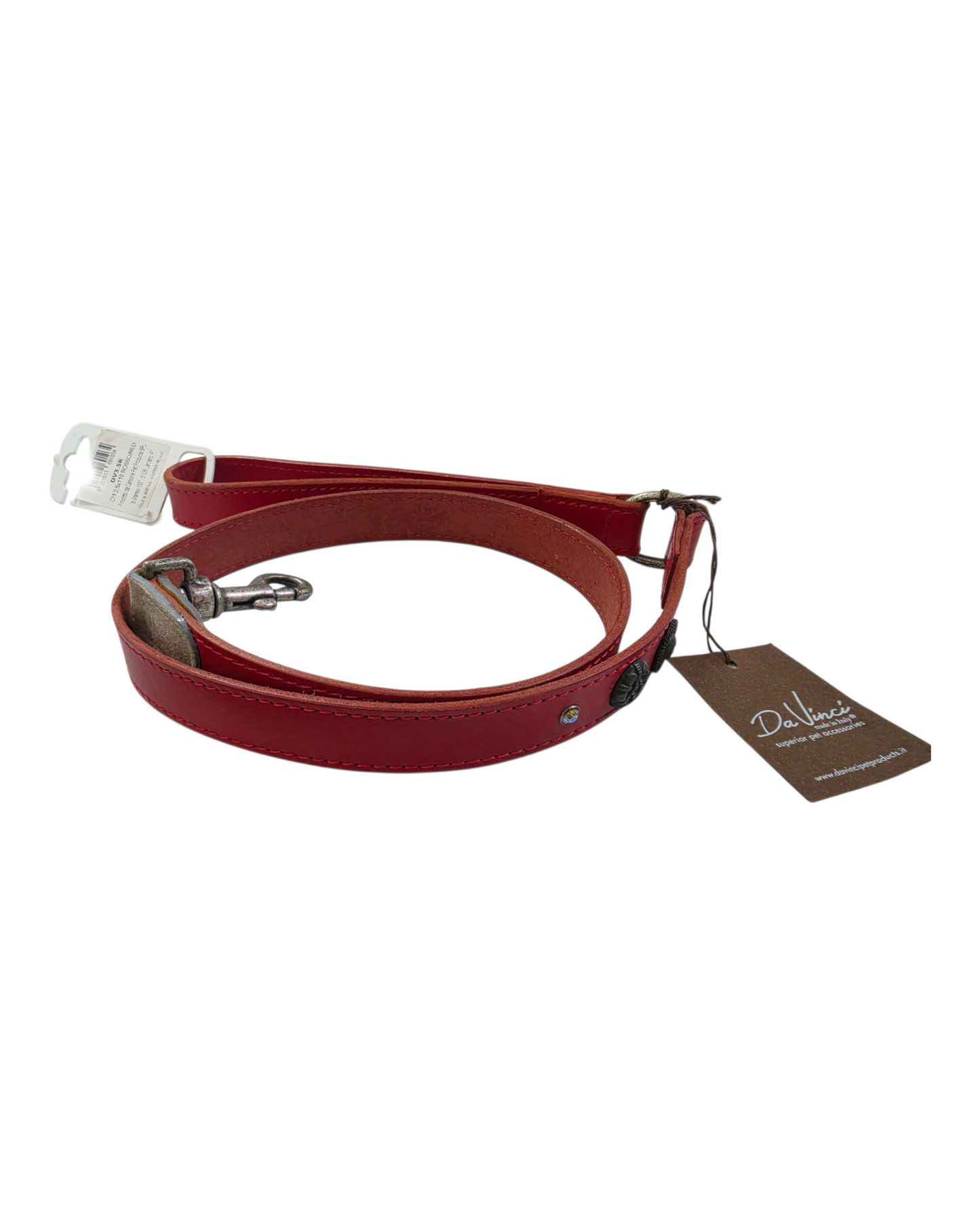 GUINZAGLIO IN CUOIO BORCHIATO CON STRASS - ROSSO