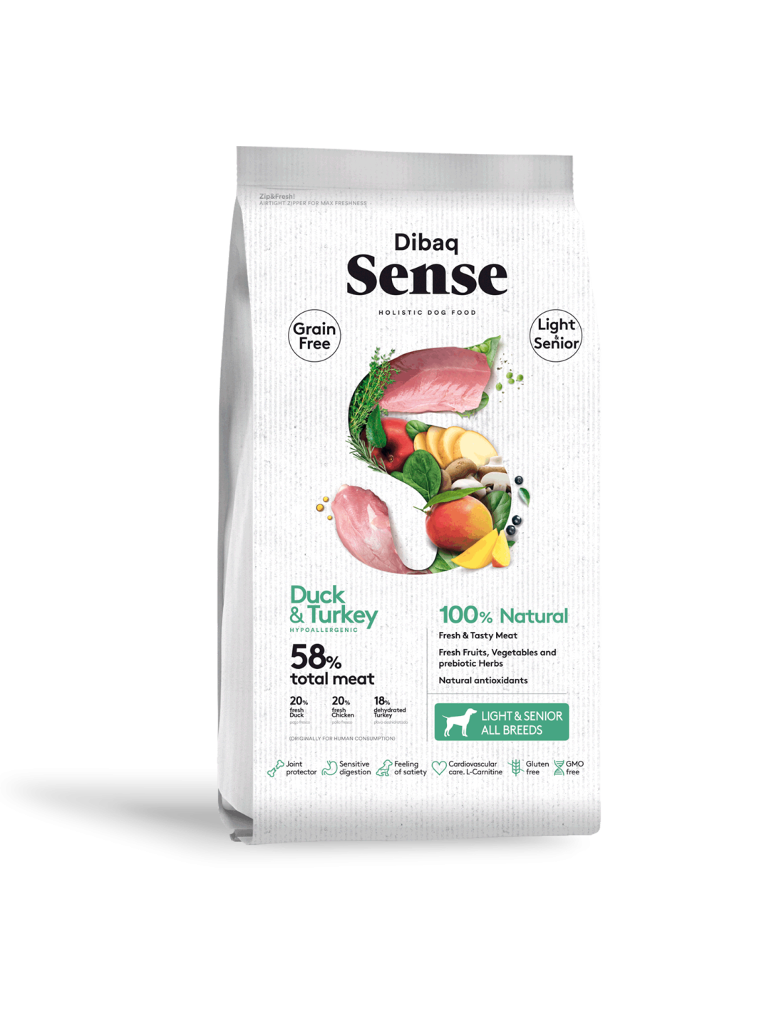 DIBAQ SENSE LIGHT E SENIOR - ANATRA E TACCHINO - GRAIN FREE 2Kg